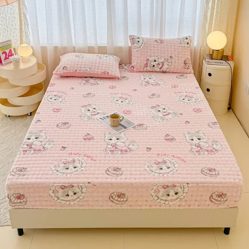 Fluffy Plush Cartoon Fleece Bed Sheet | Double Bed | Winter Warm